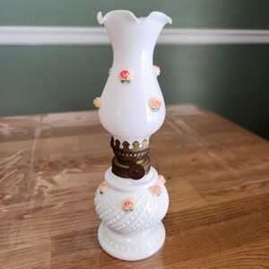 Vintage Milk Glass Oil Lamp With Petite Pink Rose Decor Made In Japan